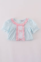 Blue bow embroidery gingham ruffle pants set