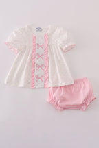 Pink bow embroidery dot bloomer set