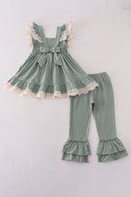 Sage lace ruffle pants set