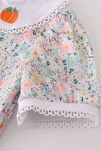 Green floral pumpkin embroidery smocked ruffle pants set