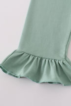 Green floral pumpkin embroidery smocked ruffle pants set