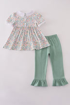 Green floral pumpkin embroidery smocked ruffle pants set