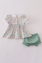 Green floral pumpkin embroidery smocked bloomer set