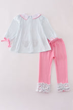 Pink character embroidery ruffle pants set