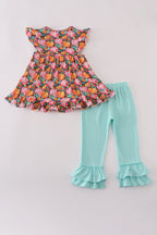 Pink pumpkin print ruffle pants set