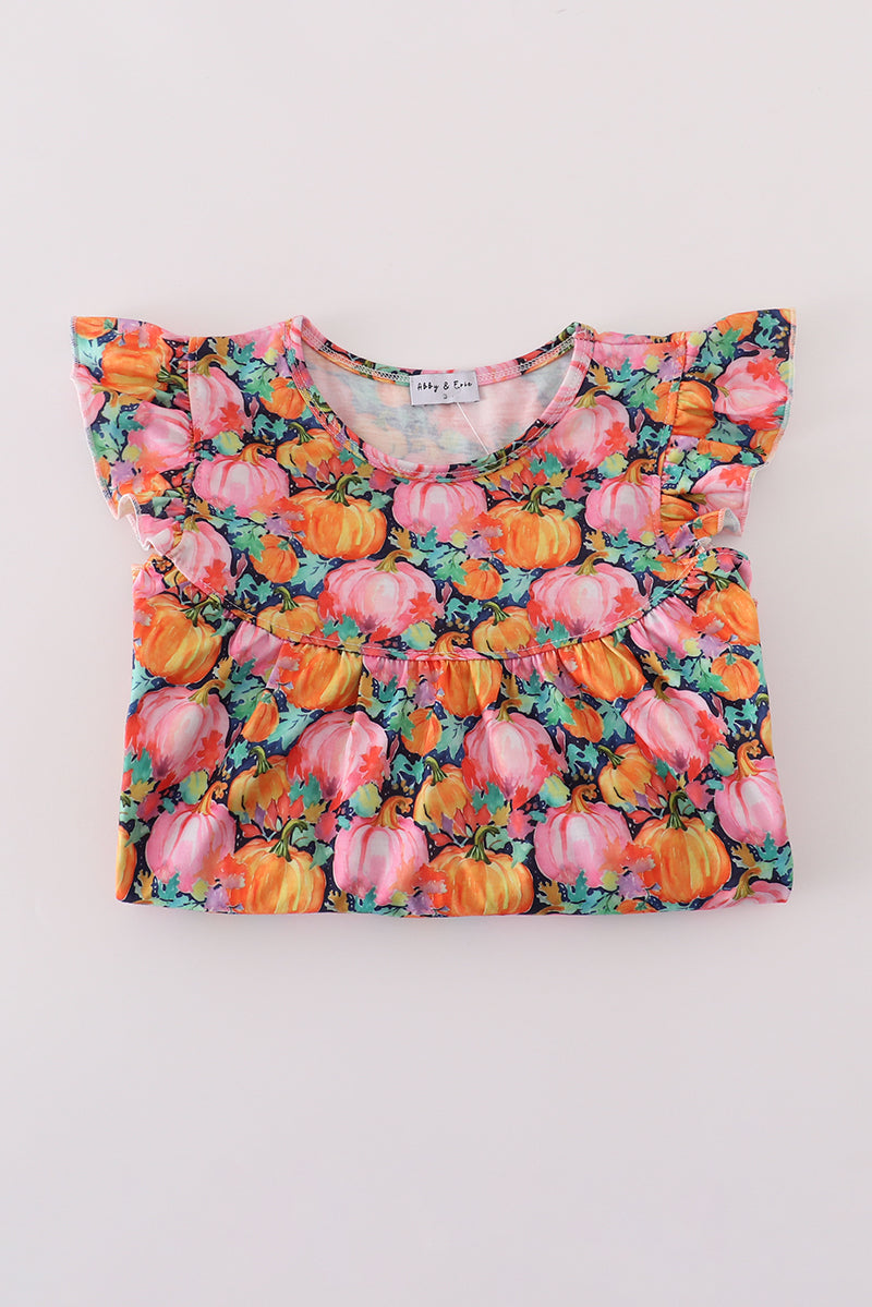 Pink pumpkin print ruffle pants set