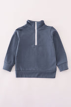 Navy character embroidery zip pull over