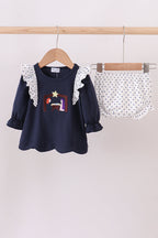Navy nativity embroidery ruffle bloomer set