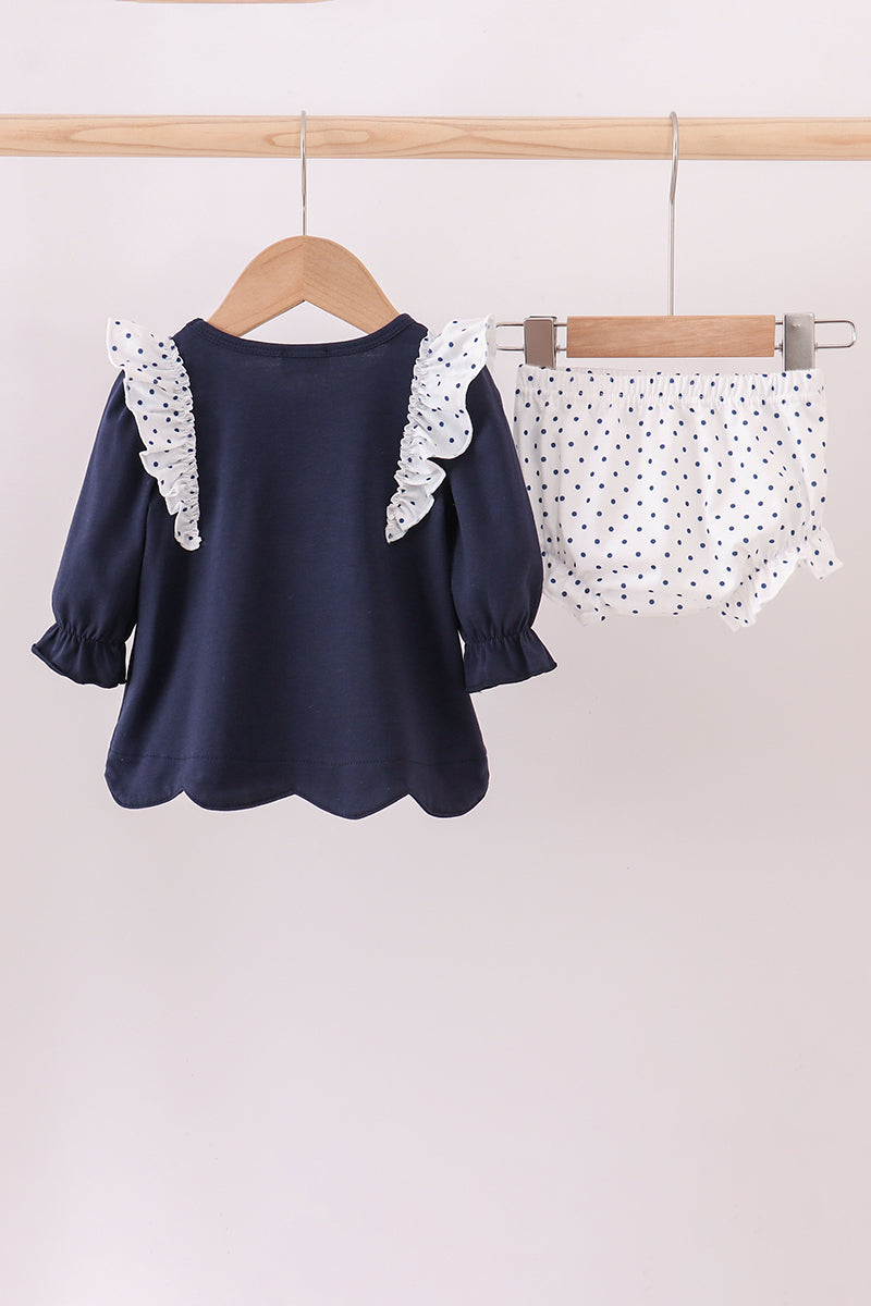 Navy nativity embroidery ruffle bloomer set