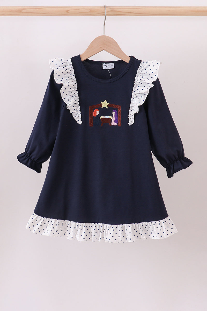 Navy nativity embroidery ruffle dress
