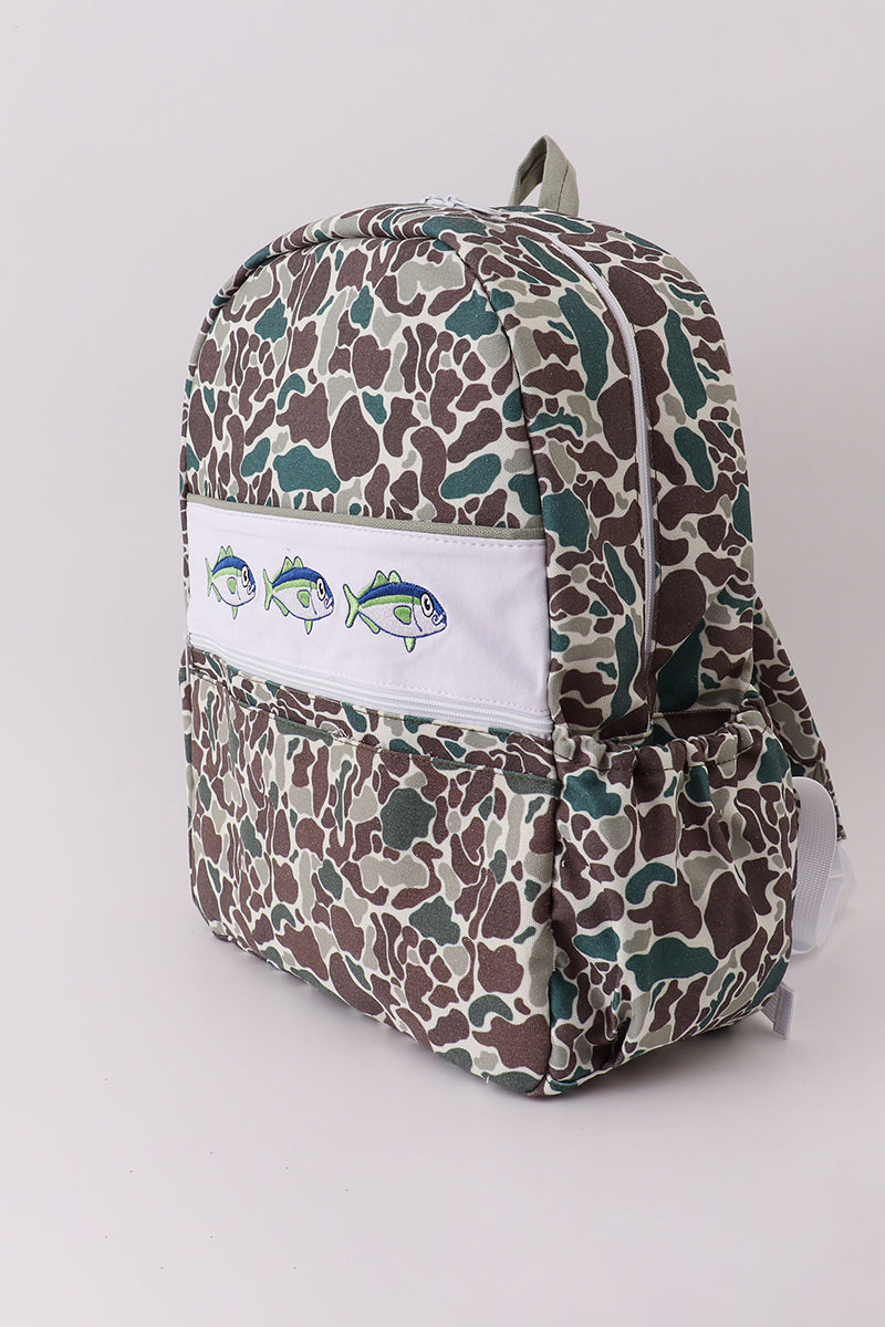 Camouflage fish embroidery canvas backpack