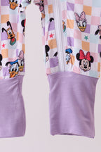 Premium purple character print checkered bamboo romper