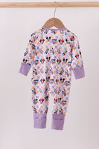 Premium purple character print checkered bamboo romper