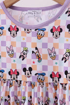 Premium purple character print bamboo checkered dress