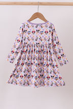 Premium purple character print bamboo checkered dress