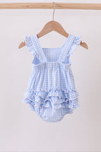 Premium blue snowman embroidery gingham ruffle bubble