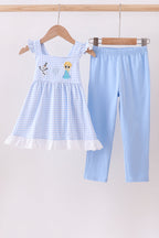 Blue Gingham Embroidered Snowman Character Pants Set