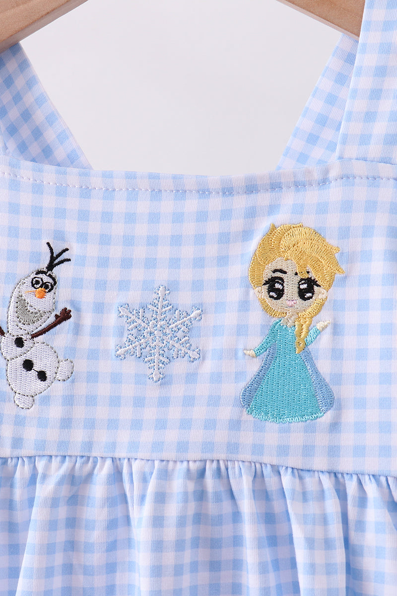 Blue Gingham Embroidered Snowman Character Pants Set
