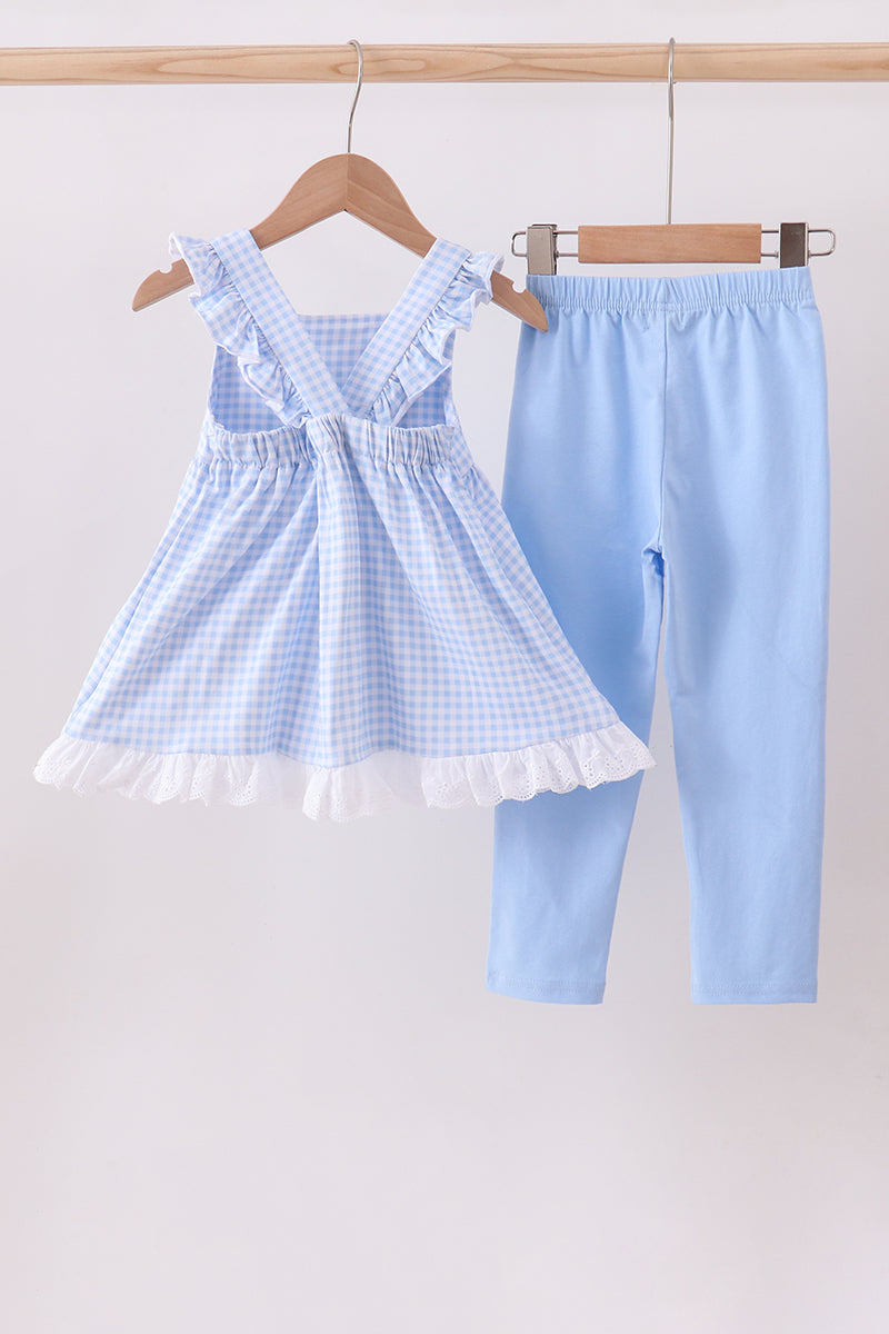 Blue Gingham Embroidered Snowman Character Pants Set