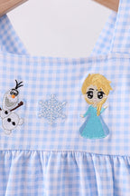 Premium blue snowman embroidery gingham ruffle pants set