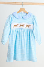 Blue puppy hand smocked stripe dress
