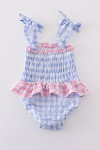Blue seersucker gingham one-piece girl swimsuit