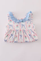 Blue floral bow ruffle shorts set