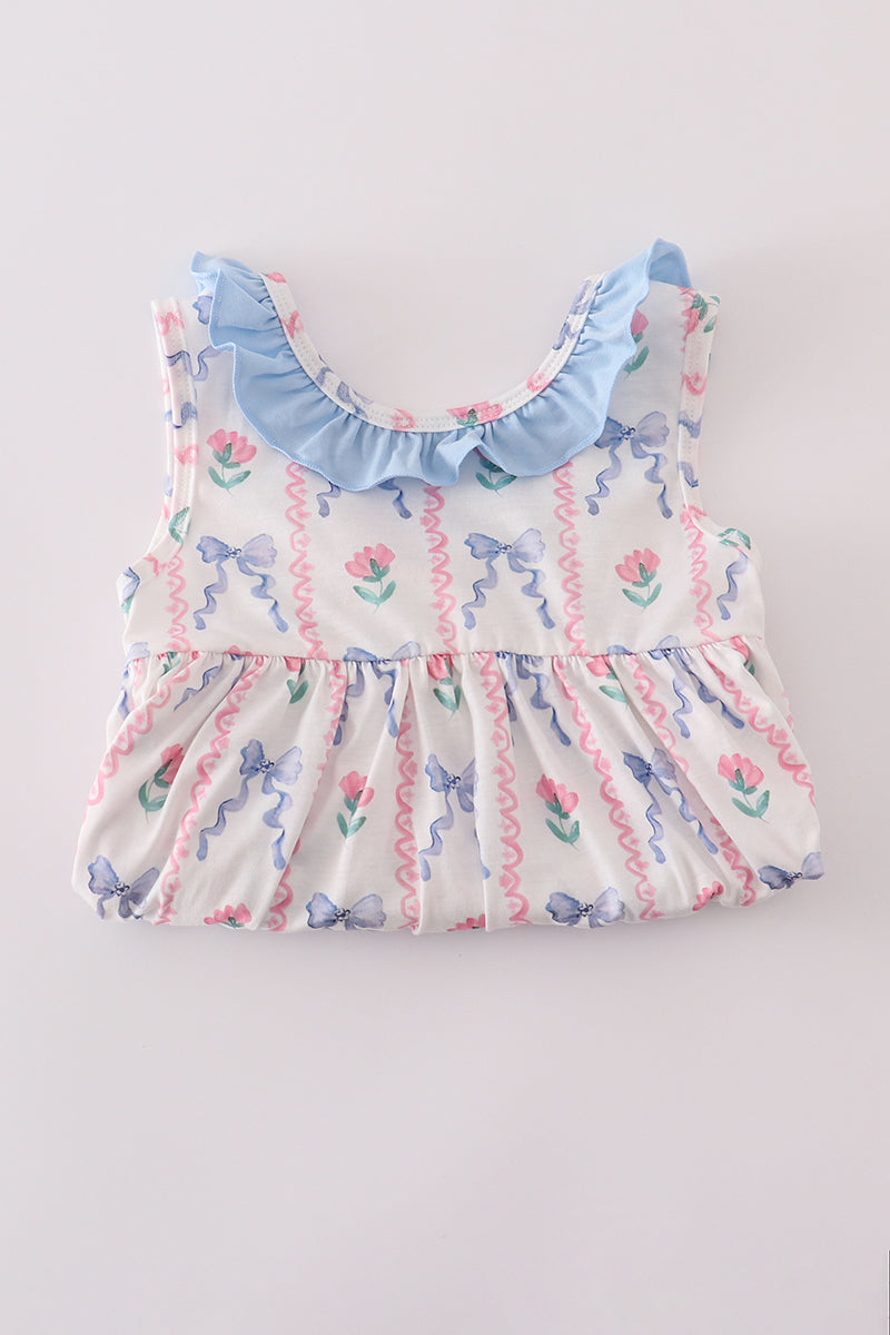 Blue floral bow ruffle shorts set