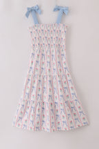 Blue floral bow print smocked mom dress