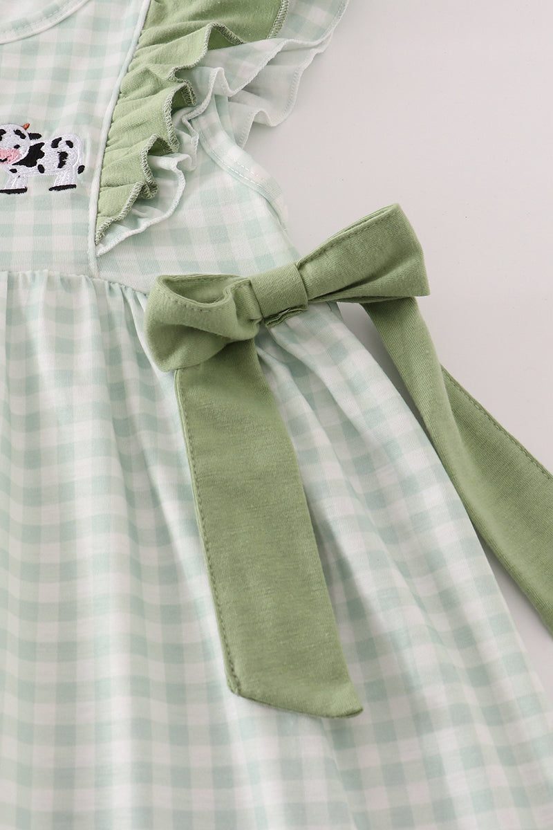 Green farm cow embroidery gingham ruffle dress