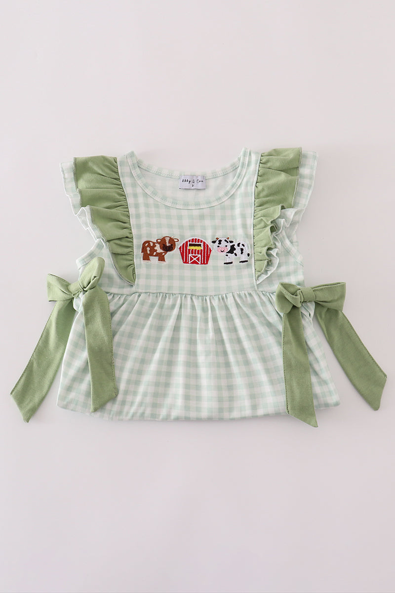 Green farm cow embroidery gingham ruffle dress