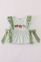 Green farm cow embroidery gingham ruffle dress