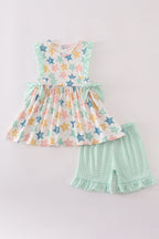 Blue seashell bow ruffle shorts set