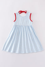 Blue flag embroidery gingham dress