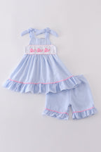 Blue seersucker whale embroidery set