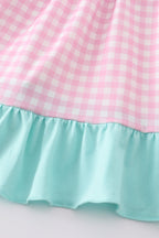 Pink tractor embroidery plaid dress