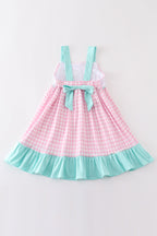 Pink tractor embroidery plaid dress