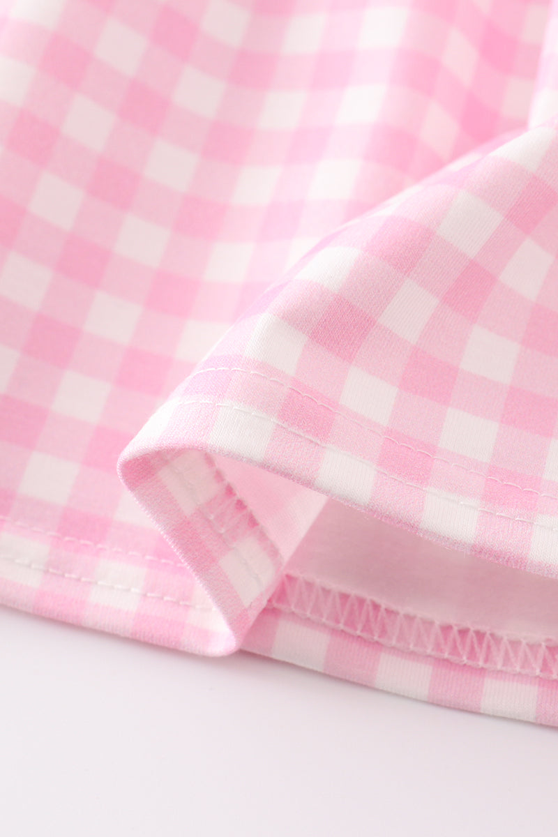 Pink tractor embroidery plaid girl set