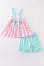 Pink tractor embroidery plaid girl set