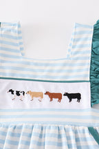 Blue stripe cow embroidery dress