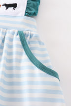 Blue stripe cow embroidery dress