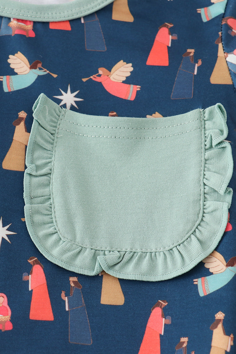 Navy nativity print ruffle pants set