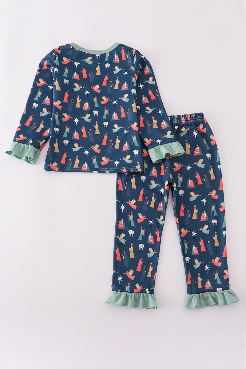 Navy nativity print ruffle pants set