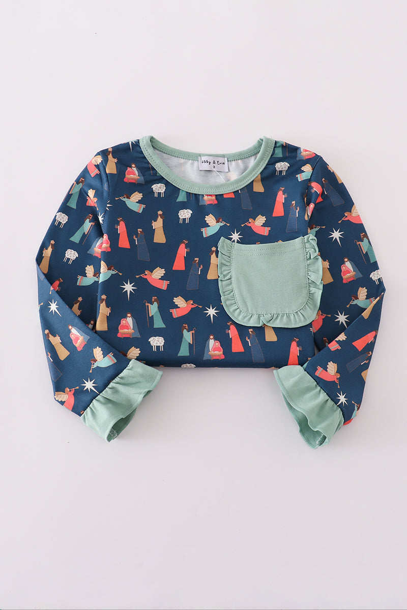 Navy nativity print ruffle pants set