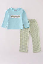 Blue tractor embroidery pants set