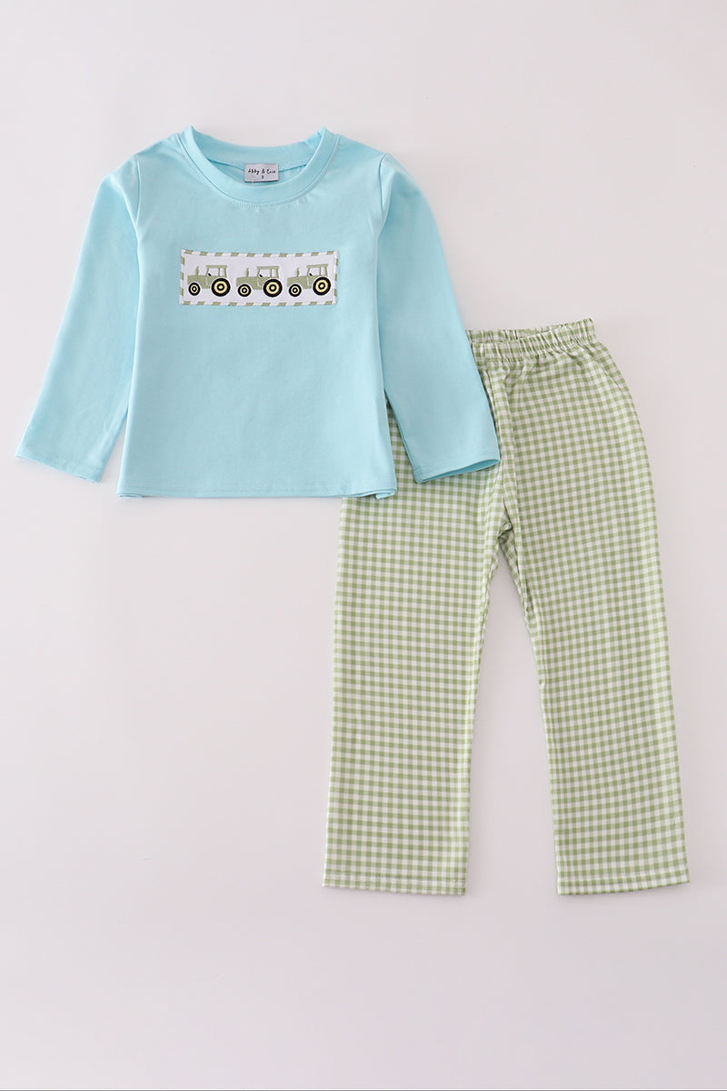 Blue tractor embroidery pants set