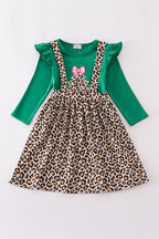 Forest tree applique leopard ruffle skorts set