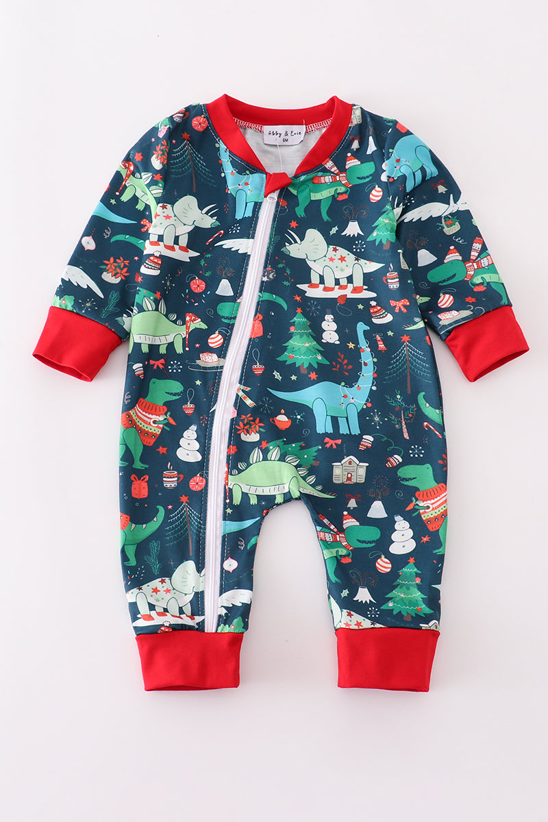 Green dinosaur print romper