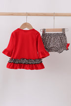 Red santa claus applique leopard ruffle bloomer set