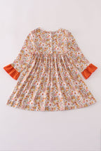 Rust flroal print deer embroidery ruffle dress